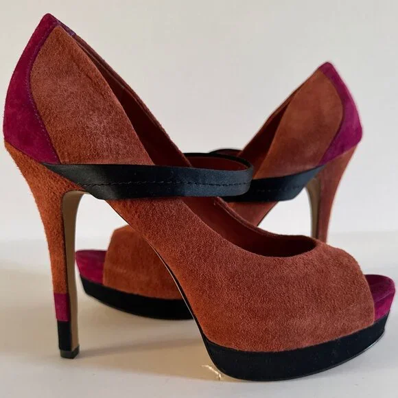 Women’s Suede Peep Toe Heels Size 8.5 M Orange Black Pink Color block Formal - Picture 1 of 14